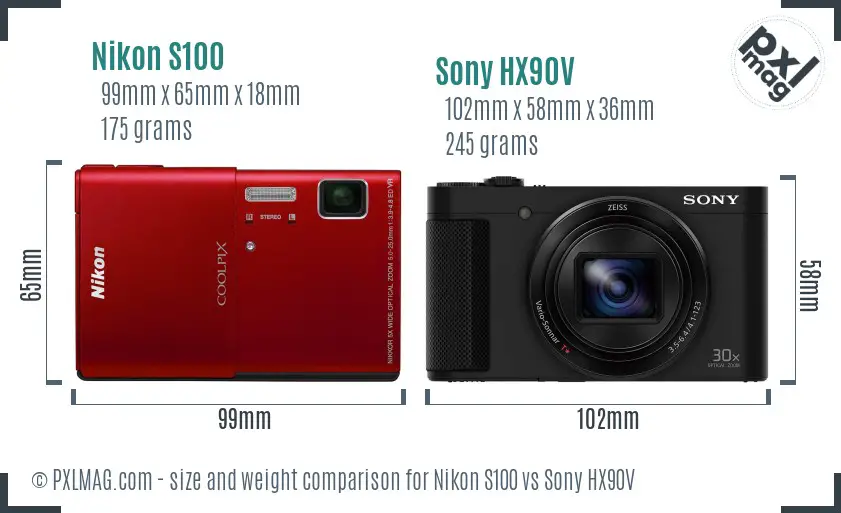 Nikon S100 vs Sony HX90V size comparison