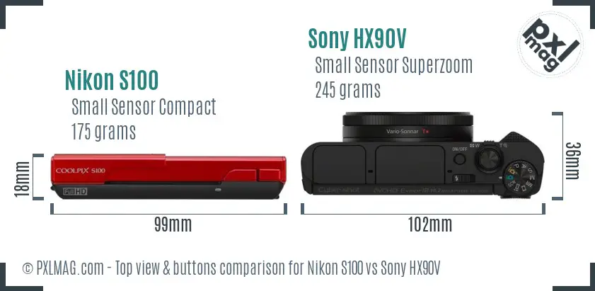 Nikon S100 vs Sony HX90V top view buttons comparison