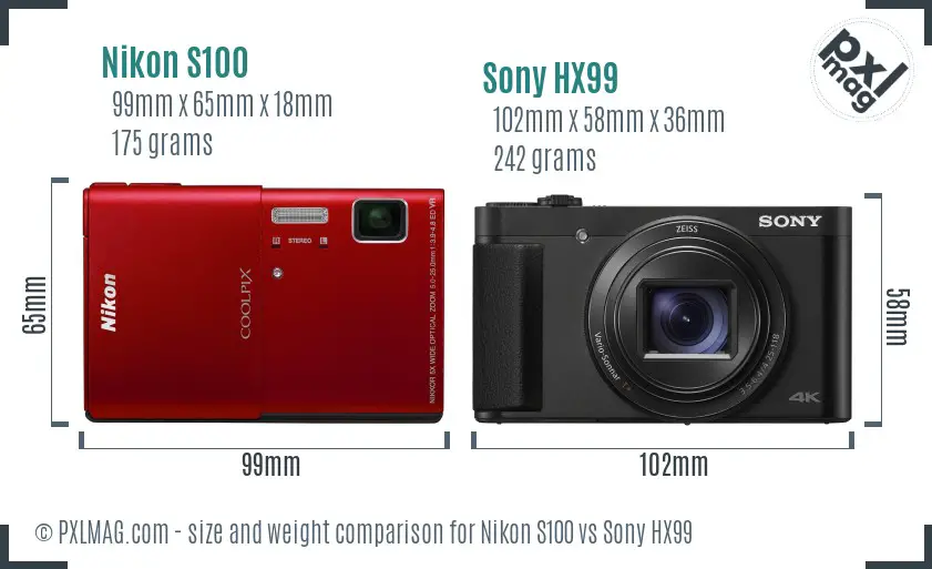 Nikon S100 vs Sony HX99 size comparison