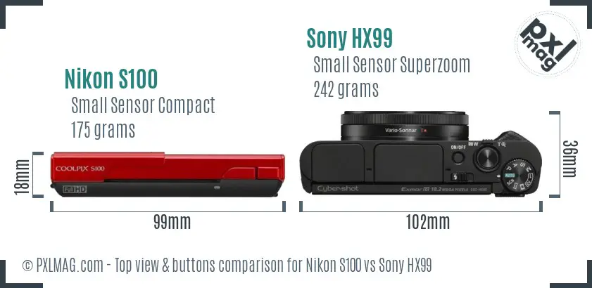 Nikon S100 vs Sony HX99 top view buttons comparison