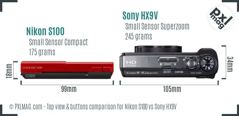 Nikon S100 vs Sony HX9V top view buttons comparison