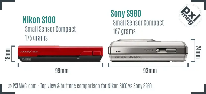 Nikon S100 vs Sony S980 top view buttons comparison Nikon S100 vs Sony S980 top view buttons comparison