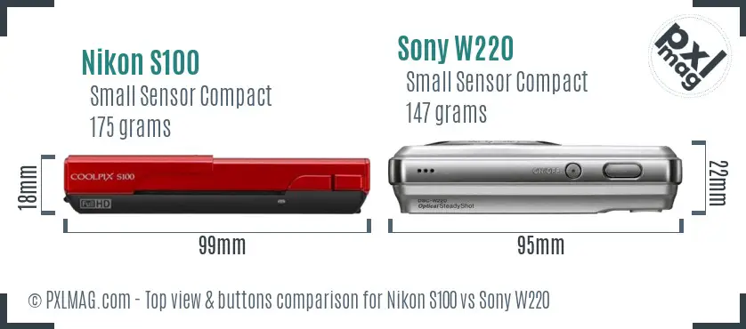 Nikon S100 vs Sony W220 top view buttons comparison Nikon S100 vs Sony W220 top view buttons comparison