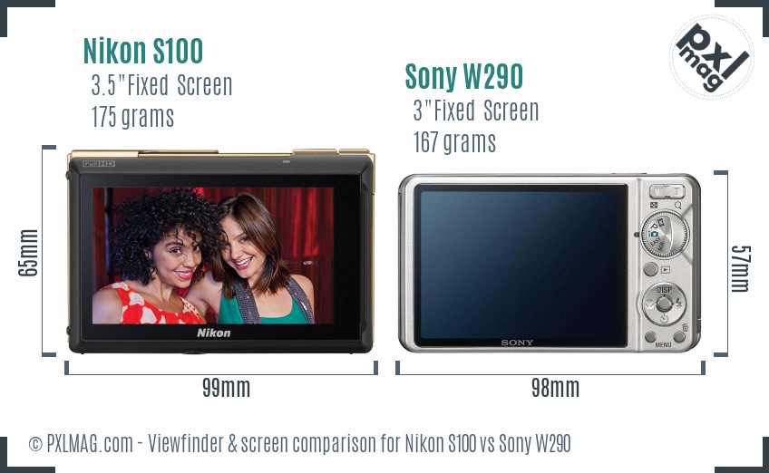 Nikon S100 vs Sony W290 Screen and Viewfinder comparison