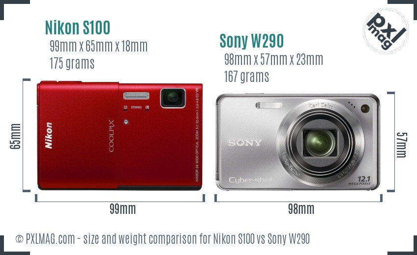 Nikon S100 vs Sony W290 size comparison