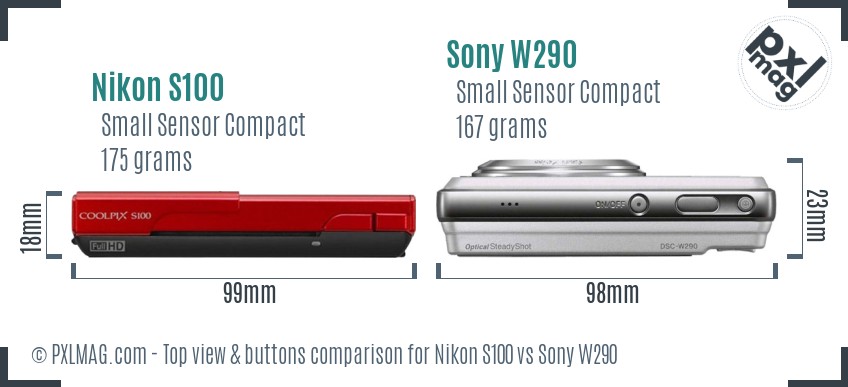 Nikon S100 vs Sony W290 top view buttons comparison