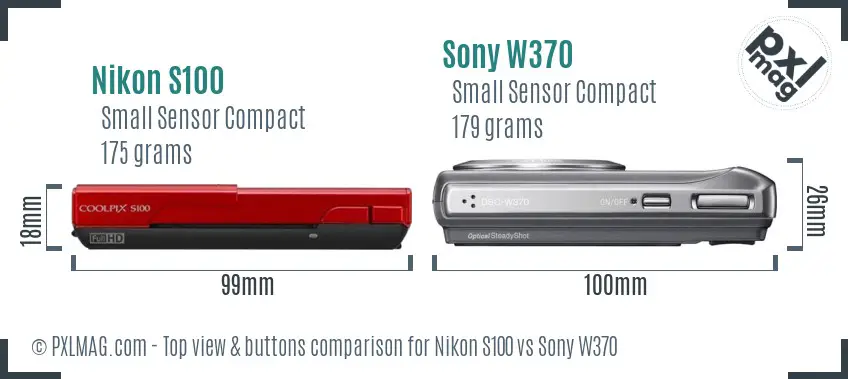 Nikon S100 vs Sony W370 top view buttons comparison