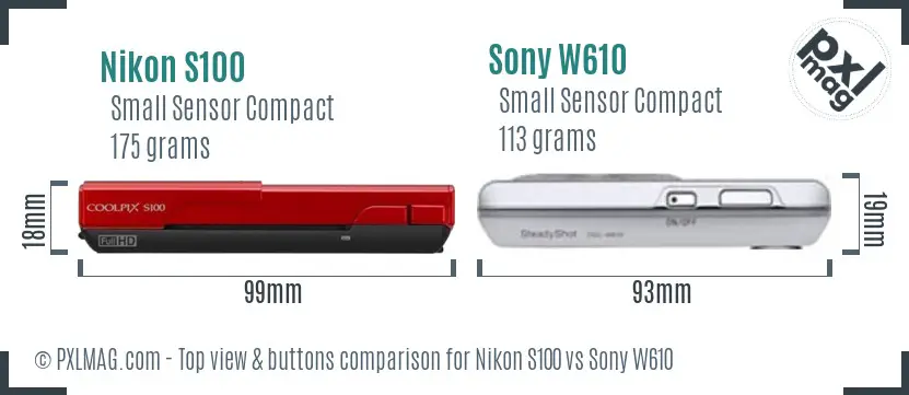 Nikon S100 vs Sony W610 top view buttons comparison Nikon S100 vs Sony W610 top view buttons comparison