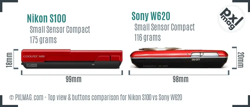 Nikon S100 vs Sony W620 top view buttons comparison Nikon S100 vs Sony W620 top view buttons comparison