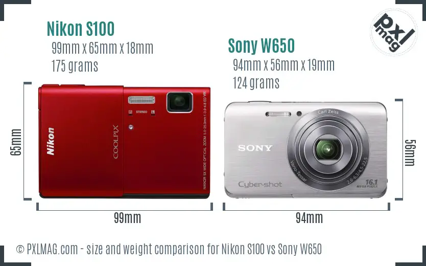 Nikon S100 vs Sony W650 size comparison