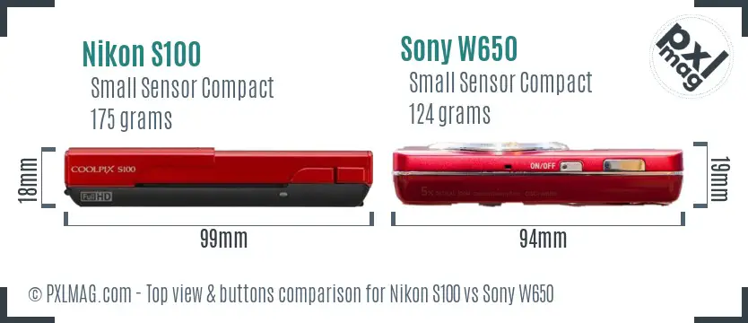 Nikon S100 vs Sony W650 top view buttons comparison