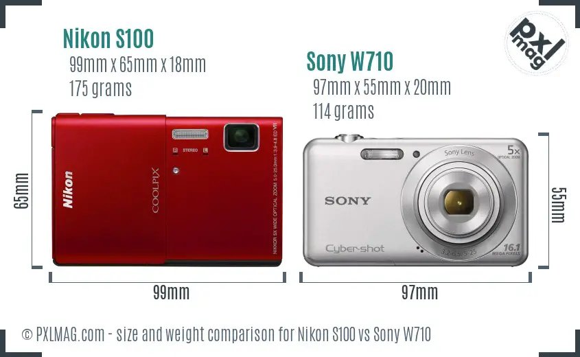 Nikon S100 vs Sony W710 size comparison