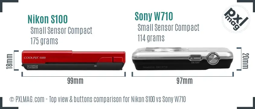 Nikon S100 vs Sony W710 top view buttons comparison