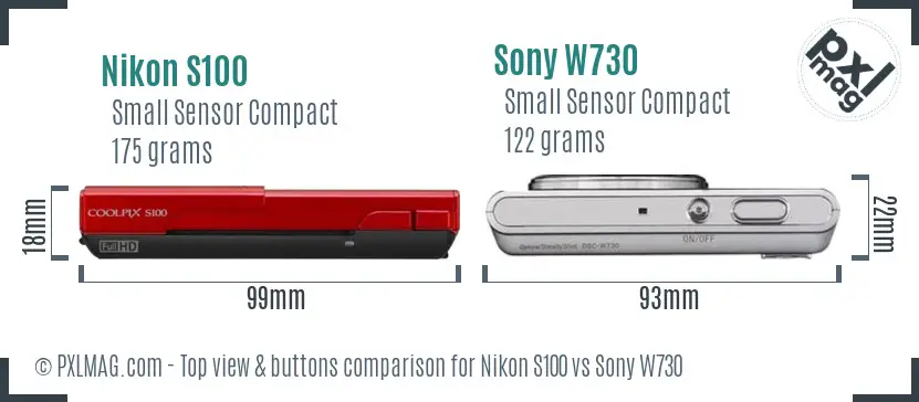 Nikon S100 vs Sony W730 top view buttons comparison Nikon S100 vs Sony W730 top view buttons comparison