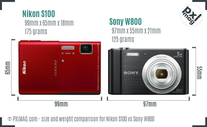 Nikon S100 vs Sony W800 size comparison