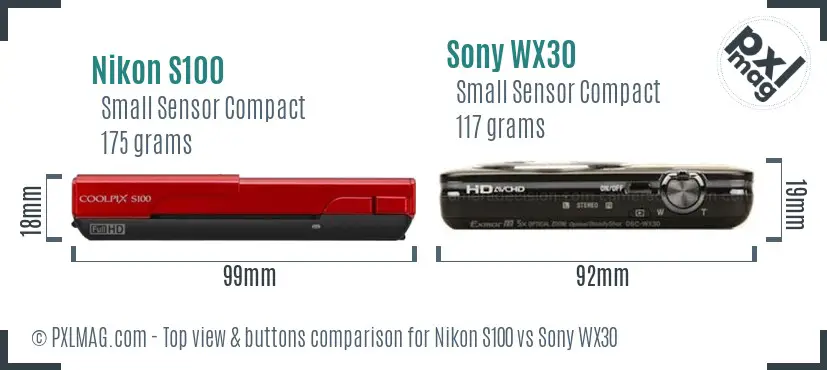 Nikon S100 vs Sony WX30 top view buttons comparison