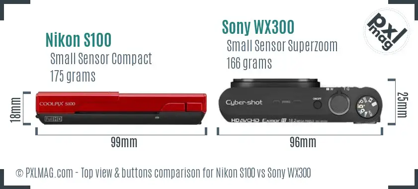Nikon S100 vs Sony WX300 top view buttons comparison