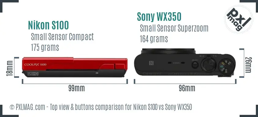 Nikon S100 vs Sony WX350 top view buttons comparison Nikon S100 vs Sony WX350 top view buttons comparison