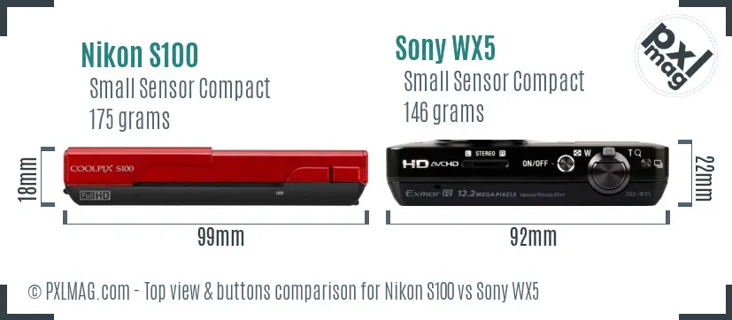 Nikon S100 vs Sony WX5 top view buttons comparison