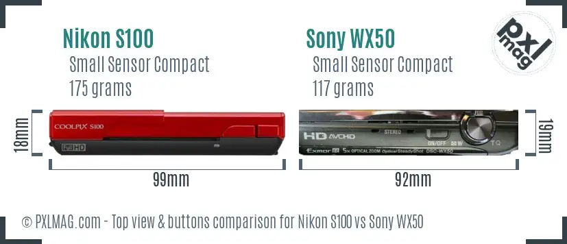 Nikon S100 vs Sony WX50 top view buttons comparison Nikon S100 vs Sony WX50 top view buttons comparison