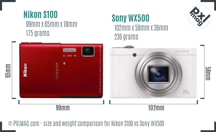 Nikon S100 vs Sony WX500 size comparison