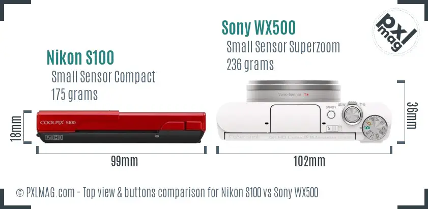Nikon S100 vs Sony WX500 top view buttons comparison
