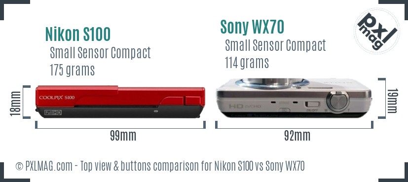 Nikon S100 vs Sony WX70 top view buttons comparison
