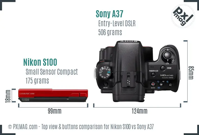 Nikon S100 vs Sony A37 top view buttons comparison
