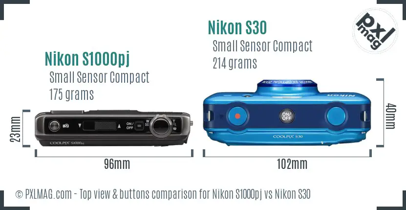 Nikon S1000pj vs Nikon S30 top view buttons comparison