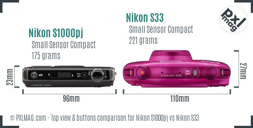 Nikon S1000pj vs Nikon S33 top view buttons comparison Nikon S1000pj vs Nikon S33 top view buttons comparison
