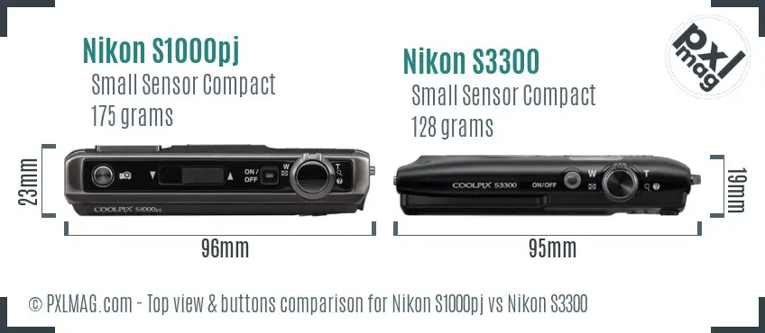 Nikon S1000pj vs Nikon S3300 top view buttons comparison