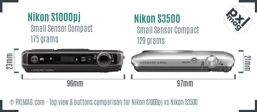 Nikon S1000pj vs Nikon S3500 top view buttons comparison