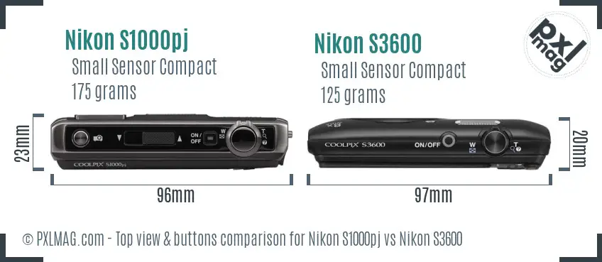Nikon S1000pj vs Nikon S3600 top view buttons comparison