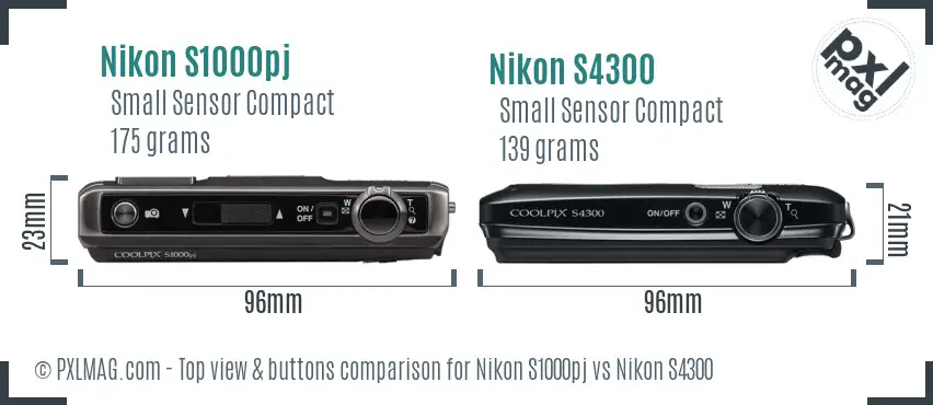 Nikon S1000pj vs Nikon S4300 top view buttons comparison