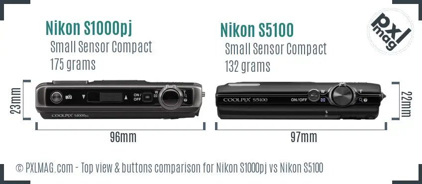 Nikon S1000pj vs Nikon S5100 top view buttons comparison