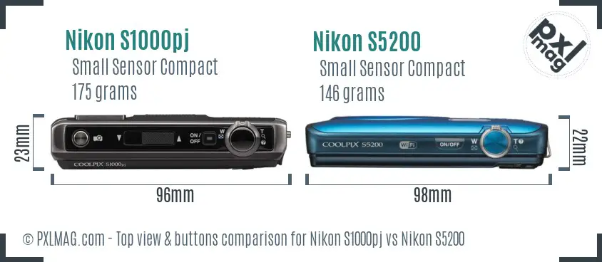 Nikon S1000pj vs Nikon S5200 top view buttons comparison