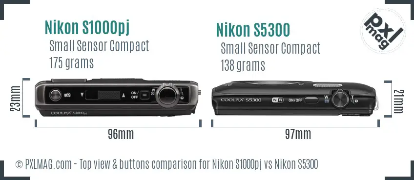 Nikon S1000pj vs Nikon S5300 top view buttons comparison
