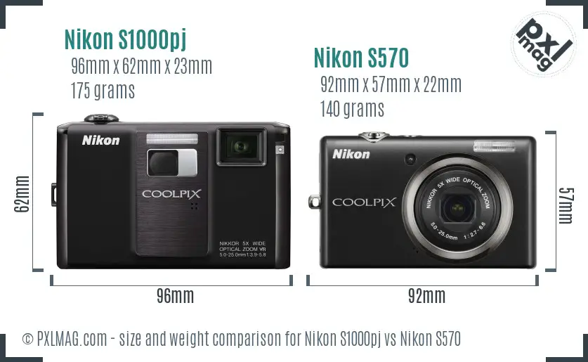 Nikon S1000pj vs Nikon S570 size comparison