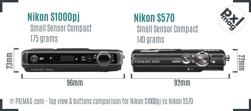 Nikon S1000pj vs Nikon S570 top view buttons comparison