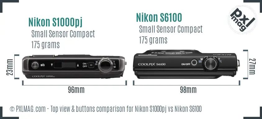 Nikon S1000pj vs Nikon S6100 top view buttons comparison