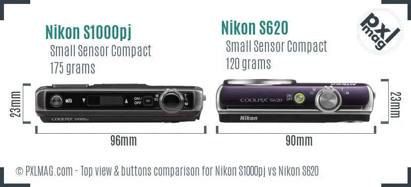Nikon S1000pj vs Nikon S620 top view buttons comparison