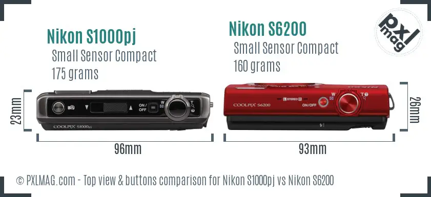 Nikon S1000pj vs Nikon S6200 top view buttons comparison