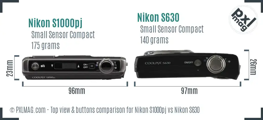 Nikon S1000pj vs Nikon S630 top view buttons comparison