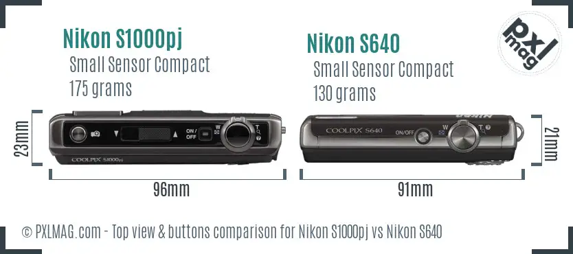 Nikon S1000pj vs Nikon S640 top view buttons comparison