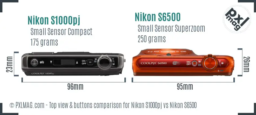 Nikon S1000pj vs Nikon S6500 top view buttons comparison