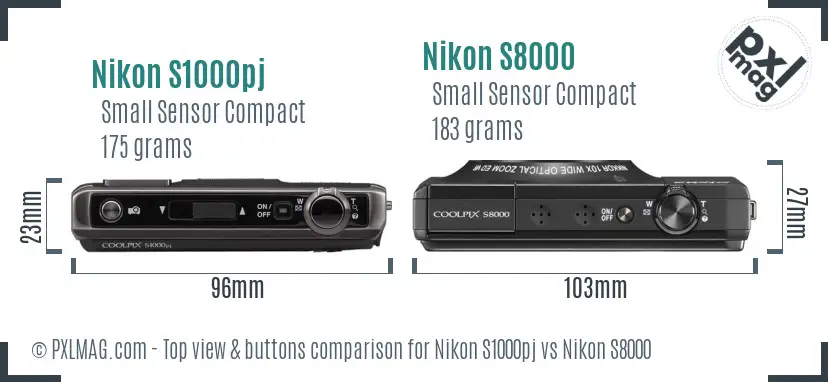 Nikon S1000pj vs Nikon S8000 top view buttons comparison
