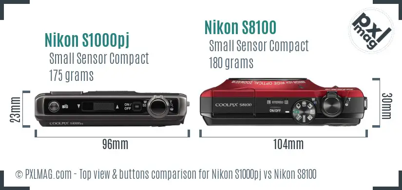 Nikon S1000pj vs Nikon S8100 top view buttons comparison