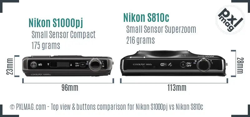 Nikon S1000pj vs Nikon S810c top view buttons comparison