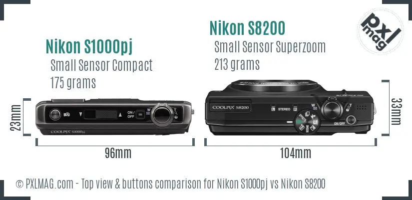 Nikon S1000pj vs Nikon S8200 top view buttons comparison