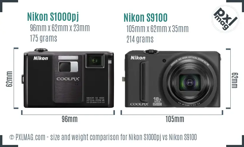 Nikon S1000pj vs Nikon S9100 size comparison